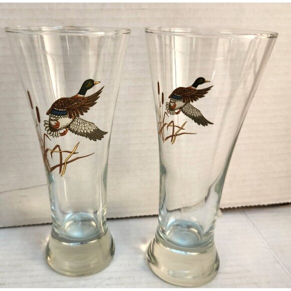 Set Of 4 Vintage Duck Design Pilsner Tall Beer Glasses Clear Barware Collectible - Picture 7 of 7
